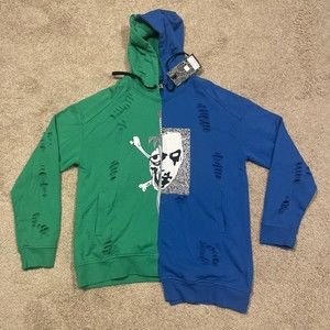 Haculla 2 Face Split Blue Green Distressed Pullover Hoodie Hooded Sweatshirt XL